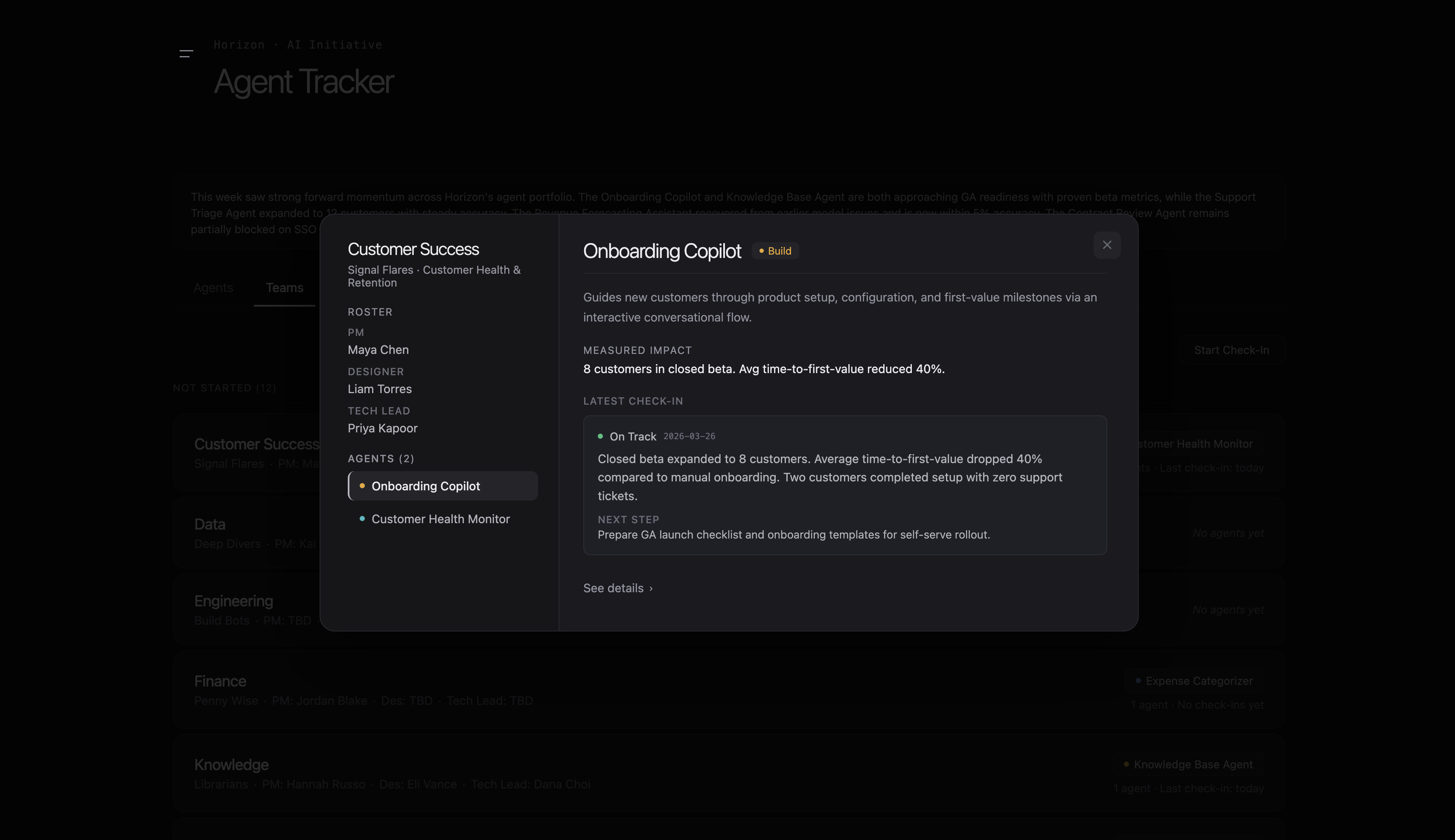 Team detail with agent check-in data